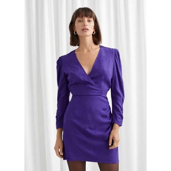 & Other Stories Size 10 Purple Leopard Jacquard Long Sleeve Wrap Mini Dress NWT